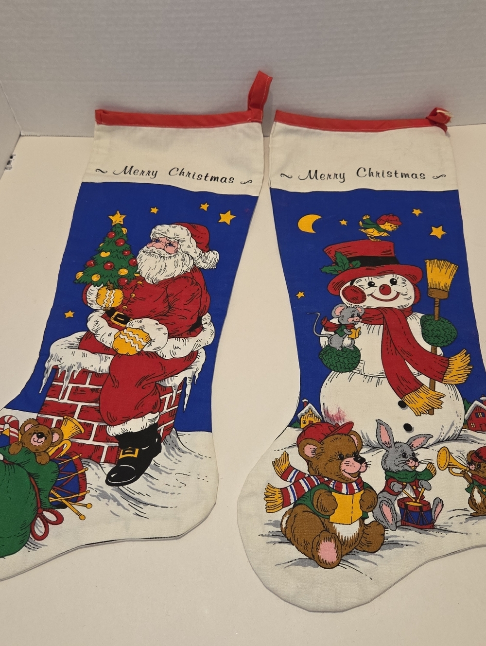 2 Vintage Handmade Christmas Stockings Santa Clause And a Snow Man